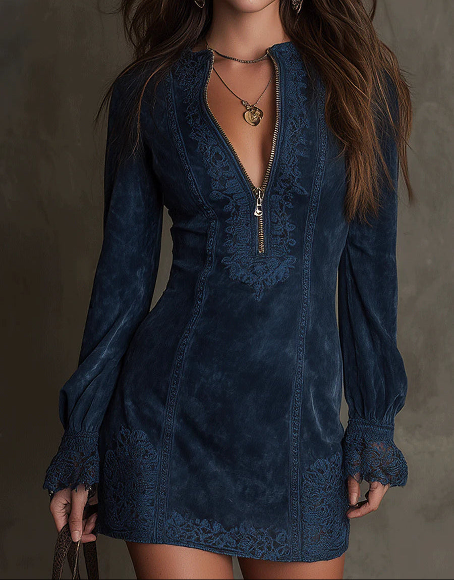 Jasmijn – Blauwe Mini Jurk met Kant