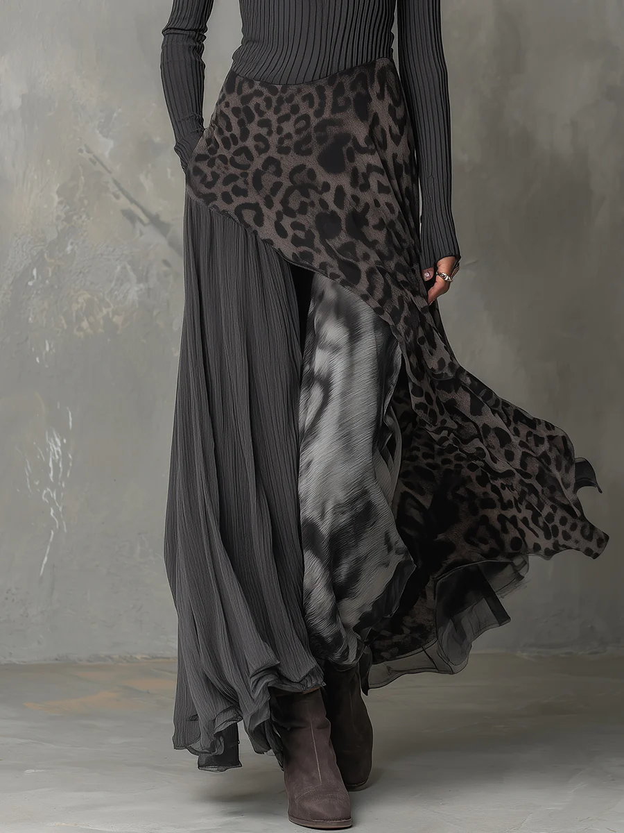 Grijze Pit Stripe Luipaardprint Splicing Ongelijke Zoom Maxi Jurk