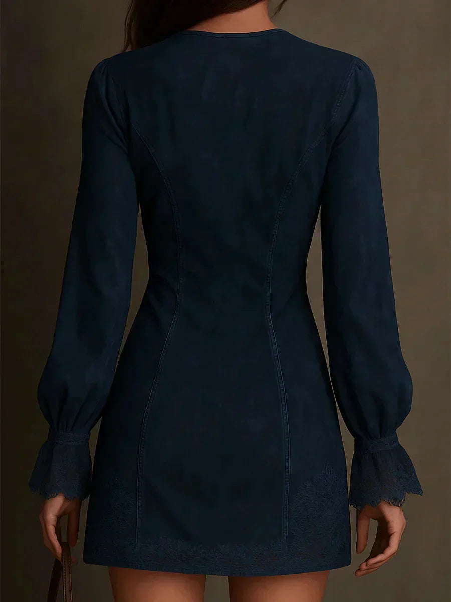 Jasmijn – Blauwe Mini Jurk met Kant